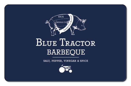 whie Blue Tractor Barbeque pig logo and text on a dark blue background